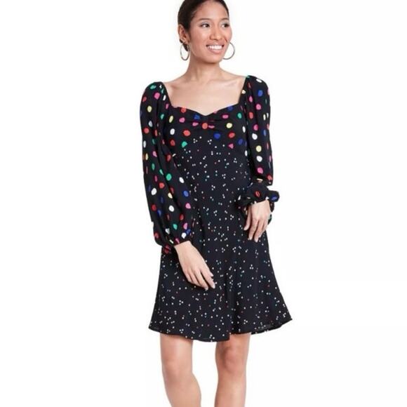Rixo Black Polka Dot Dress sz 10 Long Sleeve Polka Dot Dress - Picture 1 of 12